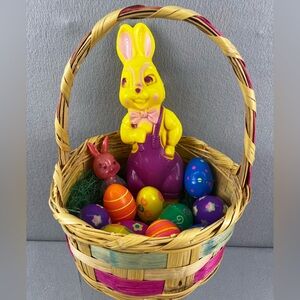 RARE 1950s Easter Basket, Blow Mold Bunny, Bunny Candy Holder,& Eggs Decor Lot